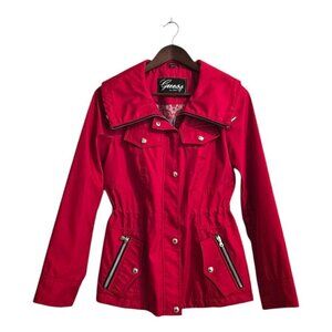 Guess Red Fitted Water Resistant Wing Collar Zip Front Coat Sz S